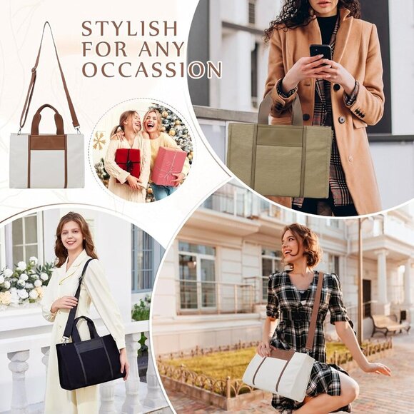 Canvas Tote Bag Women Large Capacity Detachable Strap Travel Office - Picture 5 of 7